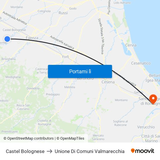 Castel Bolognese to Unione Di Comuni Valmarecchia map