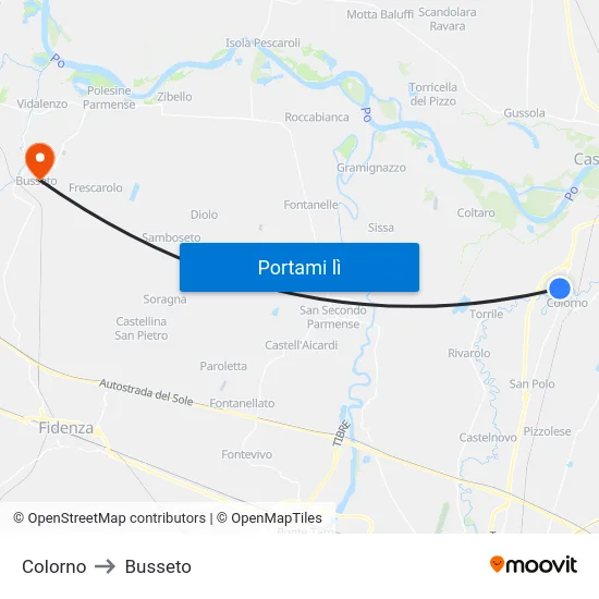 Colorno to Busseto map