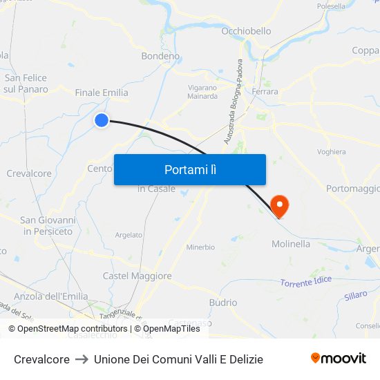 Crevalcore to Unione Dei Comuni Valli E Delizie map