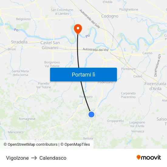 Vigolzone to Calendasco map