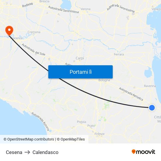 Cesena to Calendasco map