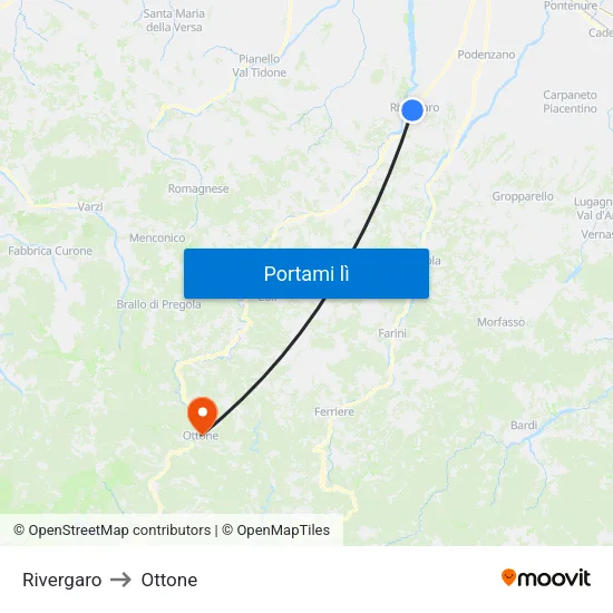 Rivergaro to Ottone map