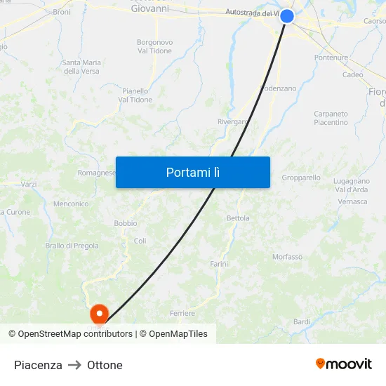 Piacenza to Ottone map