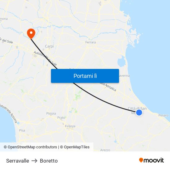 Serravalle to Boretto map