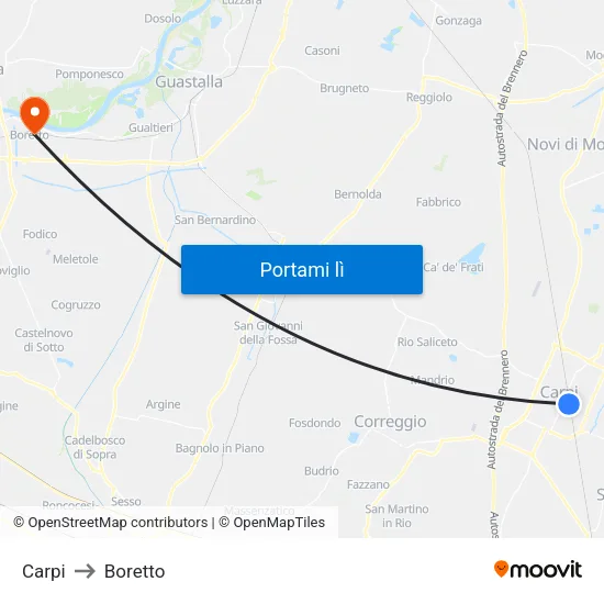 Carpi to Boretto map