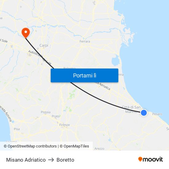 Misano Adriatico to Boretto map