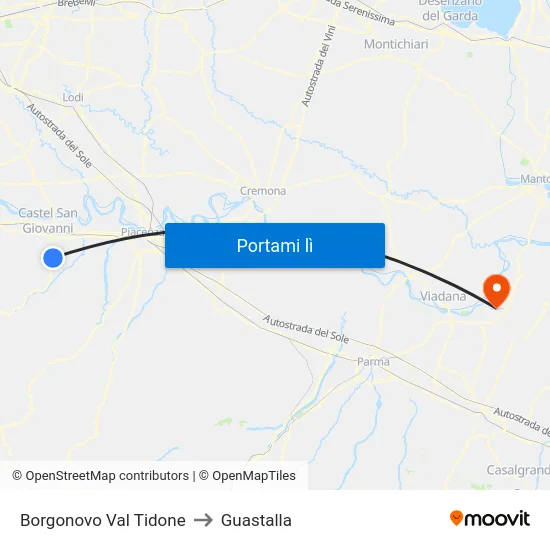 Borgonovo Val Tidone to Guastalla map