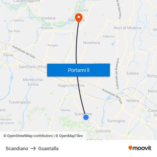 Scandiano to Guastalla map