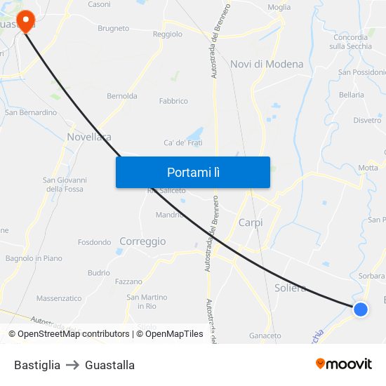 Bastiglia to Guastalla map