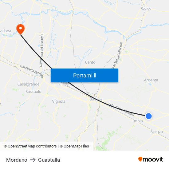 Mordano to Guastalla map