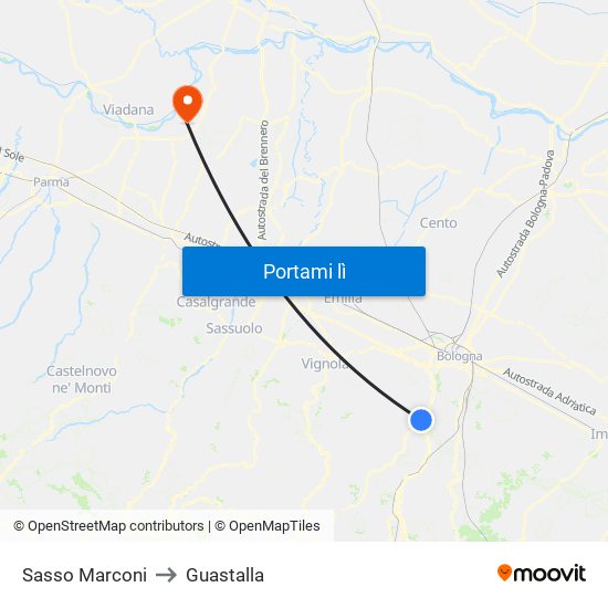 Sasso Marconi to Guastalla map