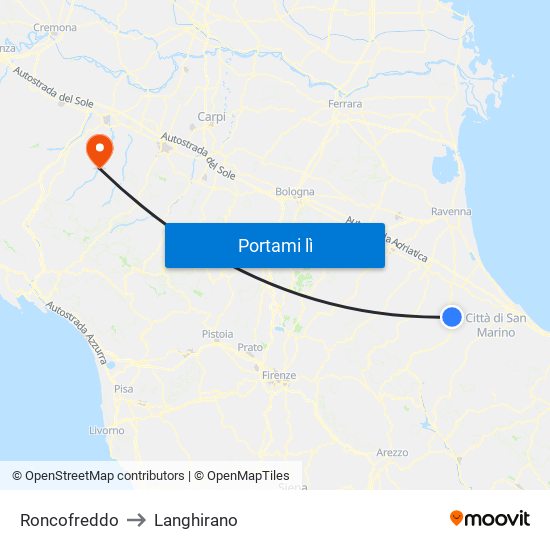 Roncofreddo to Langhirano map