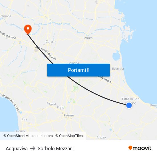 Acquaviva to Sorbolo Mezzani map