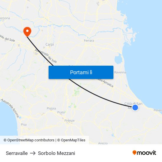 Serravalle to Sorbolo Mezzani map