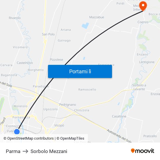 Parma to Sorbolo Mezzani map