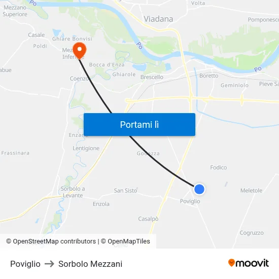 Poviglio to Sorbolo Mezzani map