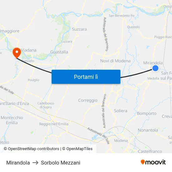 Mirandola to Sorbolo Mezzani map