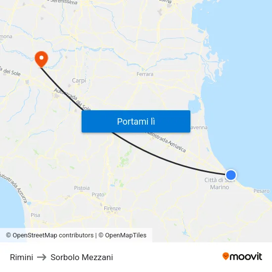 Rimini to Sorbolo Mezzani map