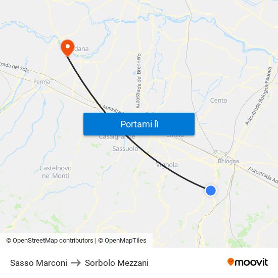 Sasso Marconi to Sorbolo Mezzani map