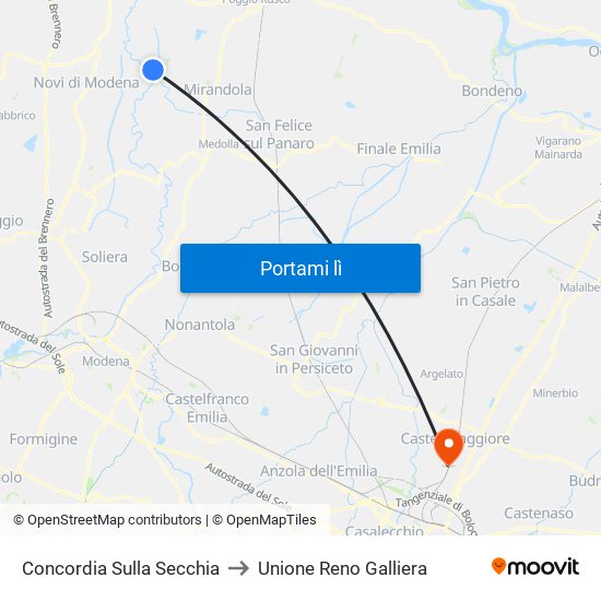 Concordia Sulla Secchia to Unione Reno Galliera map