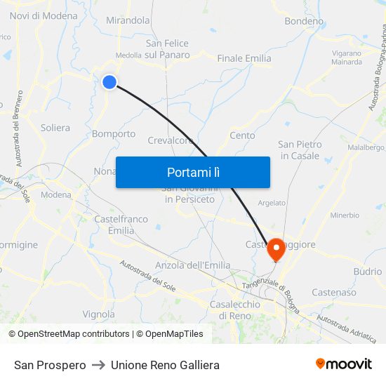 San Prospero to Unione Reno Galliera map