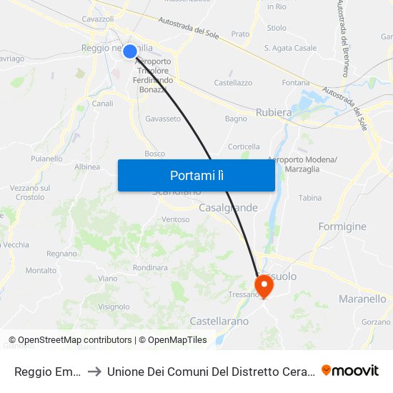 Reggio Emilia to Unione Dei Comuni Del Distretto Ceramico map