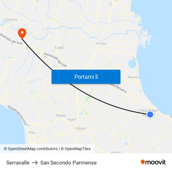 Serravalle to San Secondo Parmense map