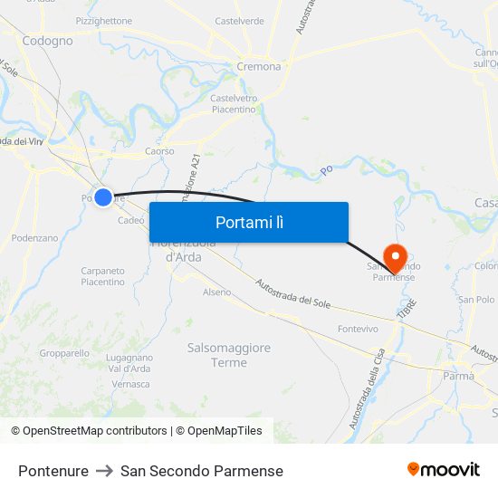 Pontenure to San Secondo Parmense map