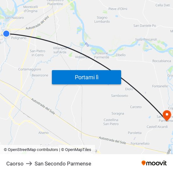 Caorso to San Secondo Parmense map