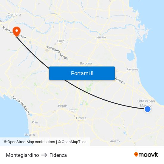 Montegiardino to Fidenza map