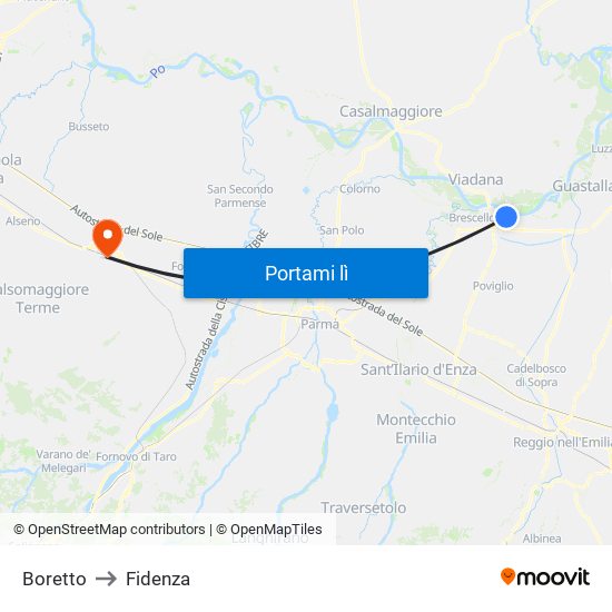 Boretto to Fidenza map
