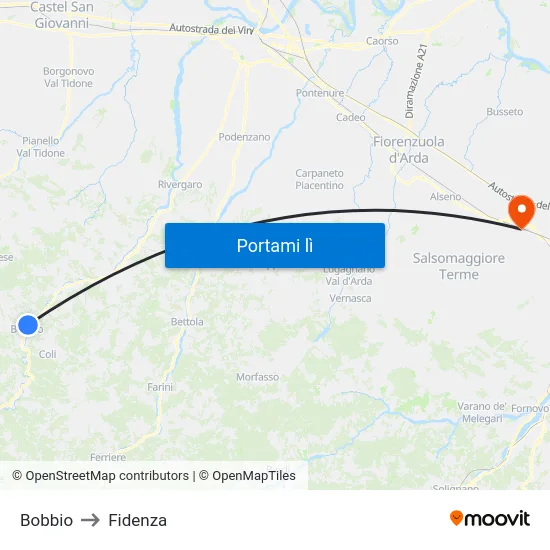 Bobbio to Fidenza map