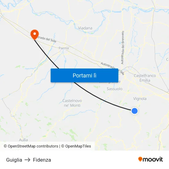 Guiglia to Fidenza map