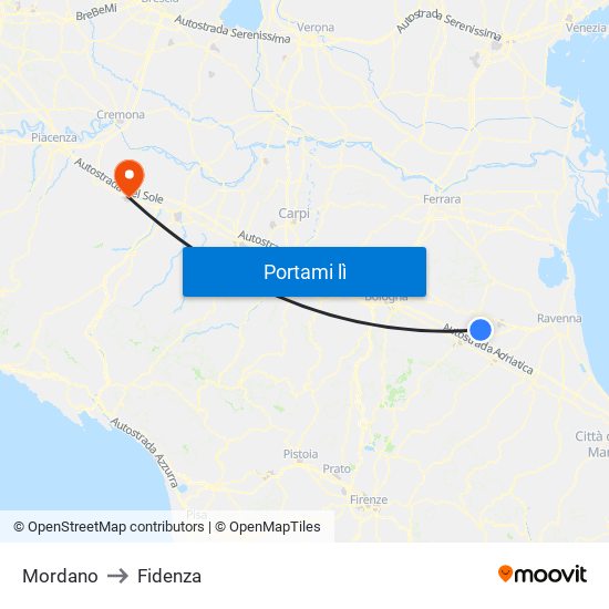 Mordano to Fidenza map