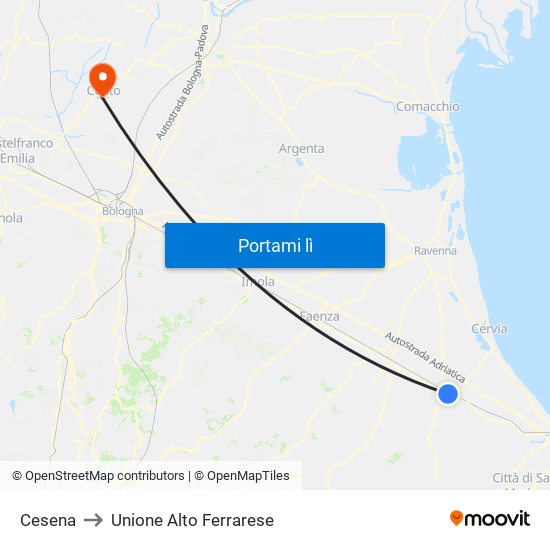 Cesena to Unione Alto Ferrarese map