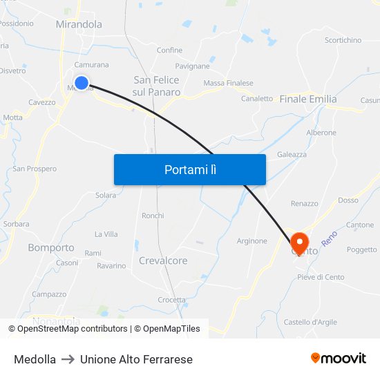 Medolla to Unione Alto Ferrarese map
