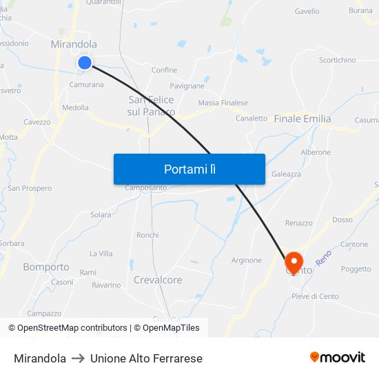 Mirandola to Unione Alto Ferrarese map