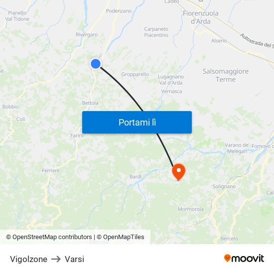 Vigolzone to Varsi map