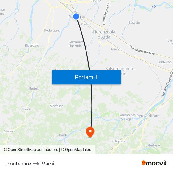 Pontenure to Varsi map