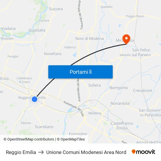 Reggio Emilia to Unione Comuni Modenesi Area Nord map