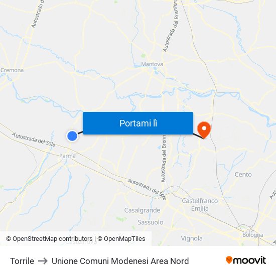 Torrile to Unione Comuni Modenesi Area Nord map