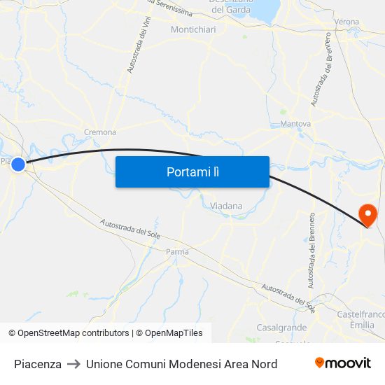 Piacenza to Unione Comuni Modenesi Area Nord map