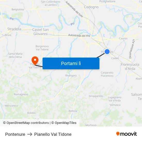 Pontenure to Pianello Val Tidone map