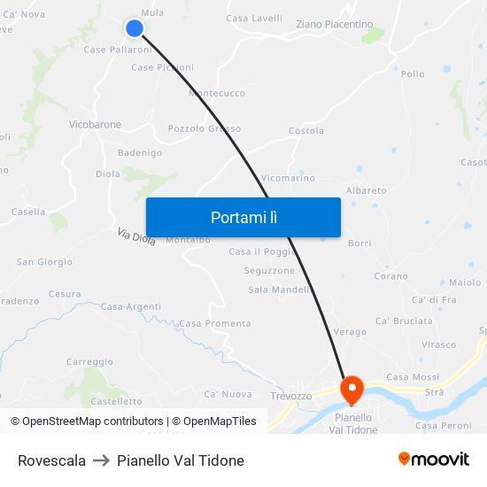 Rovescala to Pianello Val Tidone map