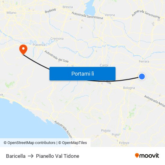 Baricella to Pianello Val Tidone map