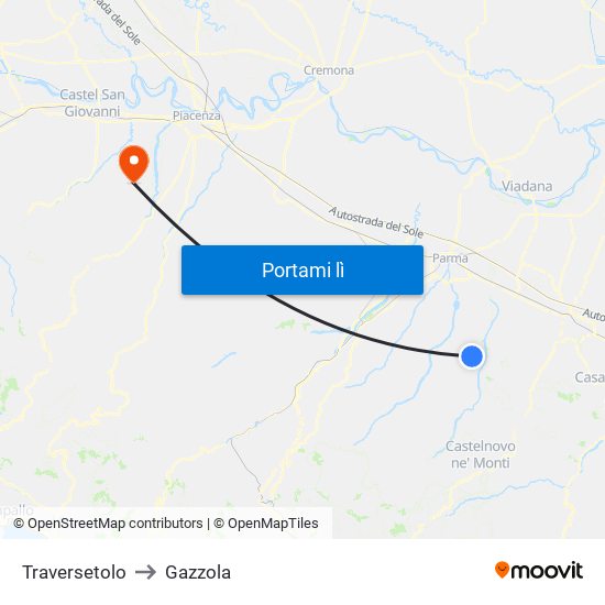 Traversetolo to Gazzola map