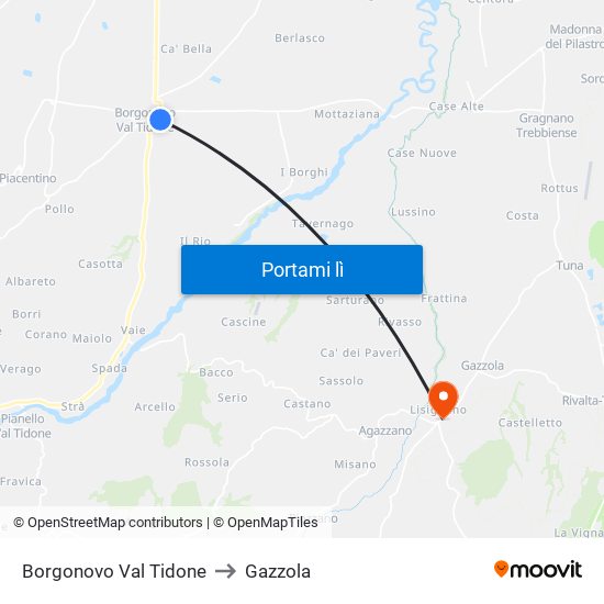 Borgonovo Val Tidone to Gazzola map