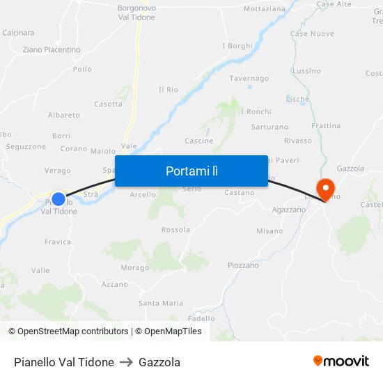 Pianello Val Tidone to Gazzola map