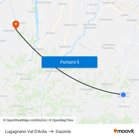 Lugagnano Val D'Arda to Gazzola map