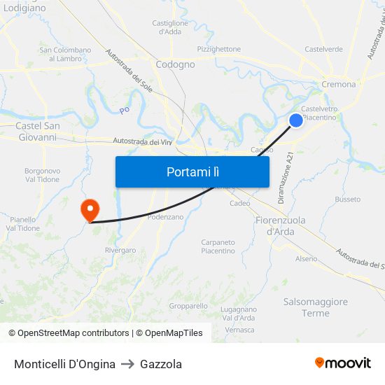 Monticelli D'Ongina to Gazzola map